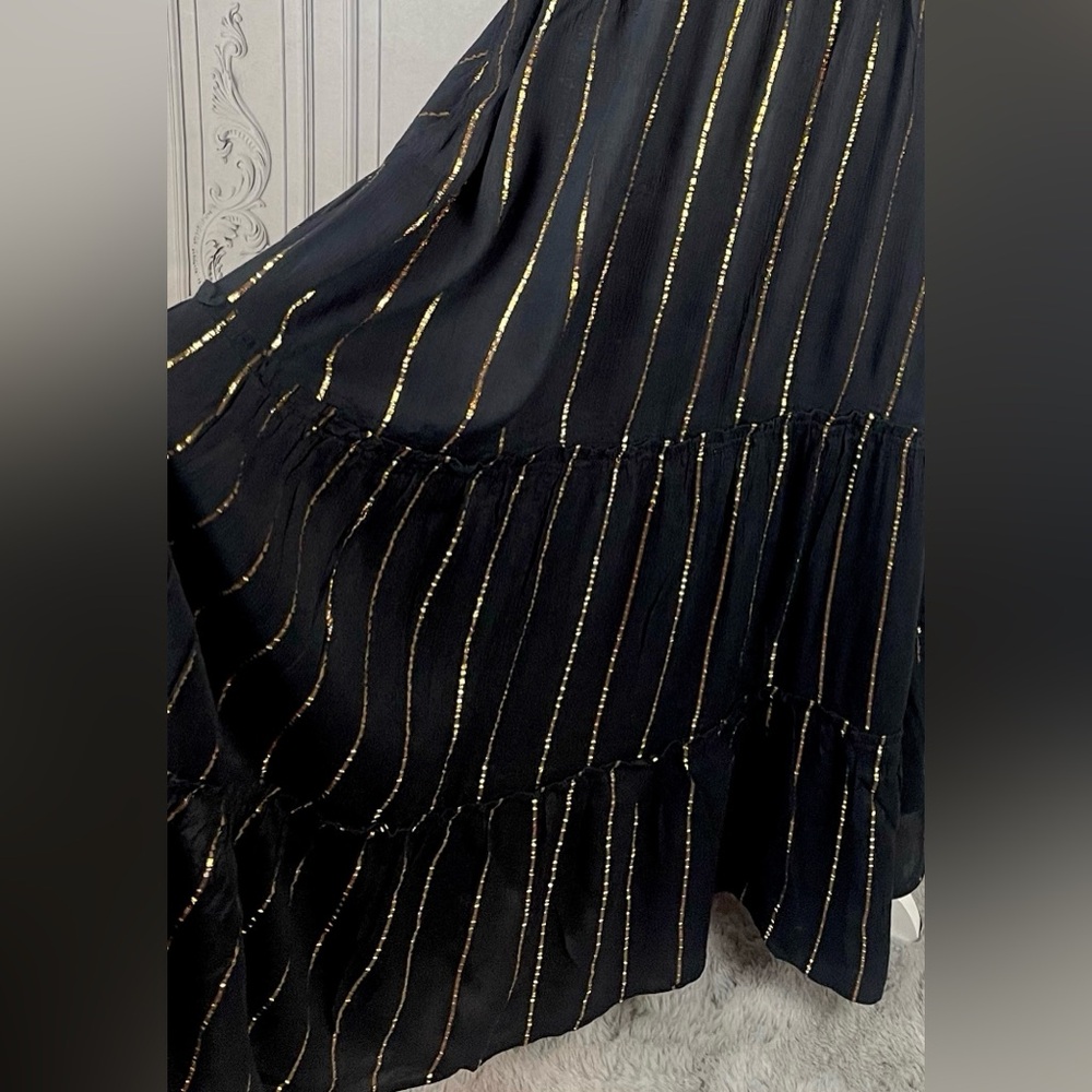 Casual Gold Metallic Striped Loose Relaxed Fit Sleeveless Midi Long Dress - Picture 4 of 8